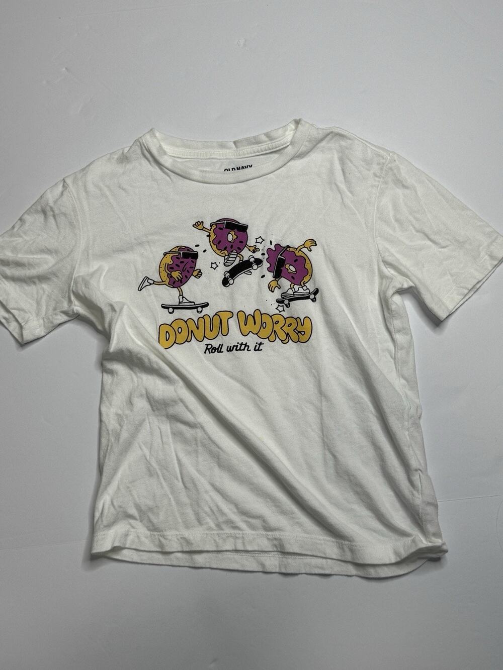 Old Navy Donut Worry Skateboard T Shirt Kids M 8 White Graphic Tee